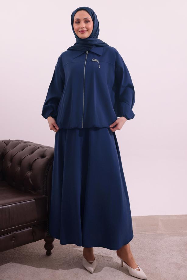 Tesettür giyim LACİVERT BOMBER CEKETLİ ETEKLİ TAKIM T 4362 - TRENDTESETTÜR