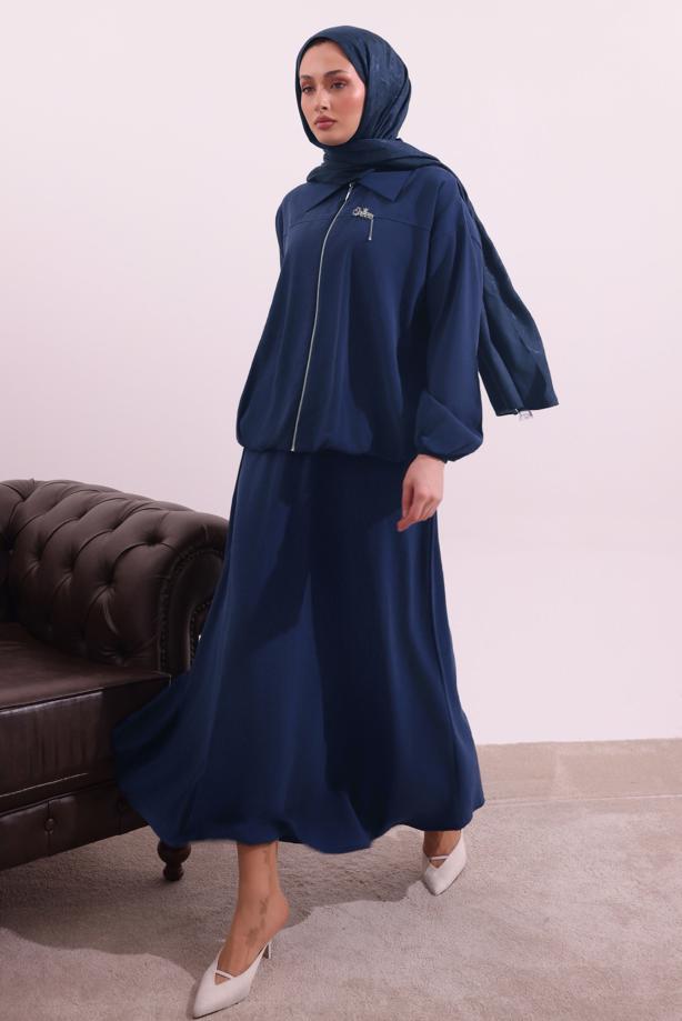 Tesettür giyim LACİVERT BOMBER CEKETLİ ETEKLİ TAKIM T 4362 - TRENDTESETTÜR