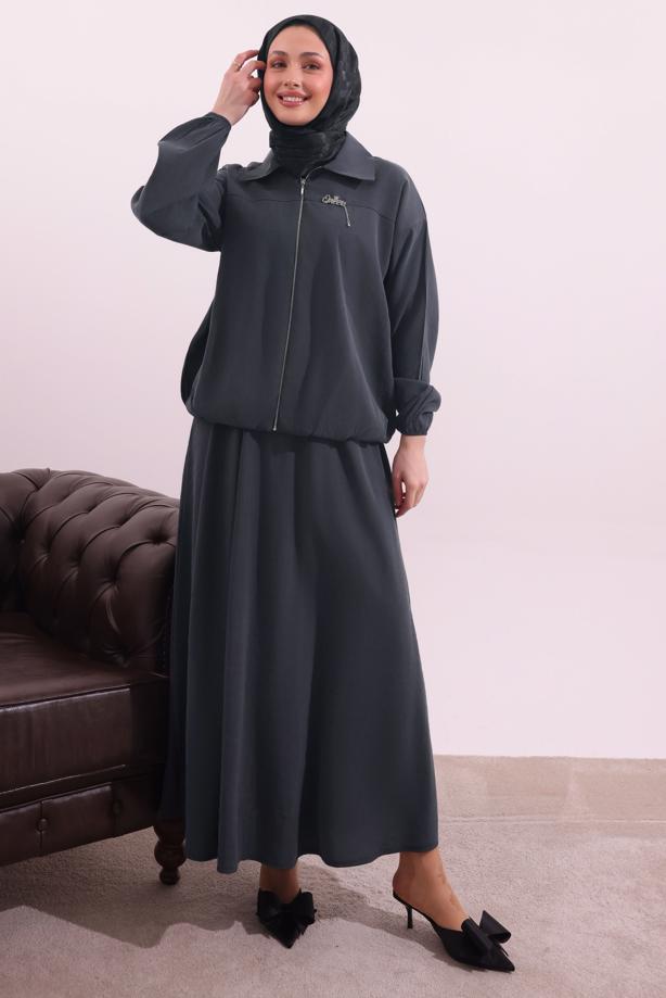 Tesettür giyim GRİ BOMBER CEKETLİ ETEKLİ TAKIM T 4362 - TRENDTESETTÜR