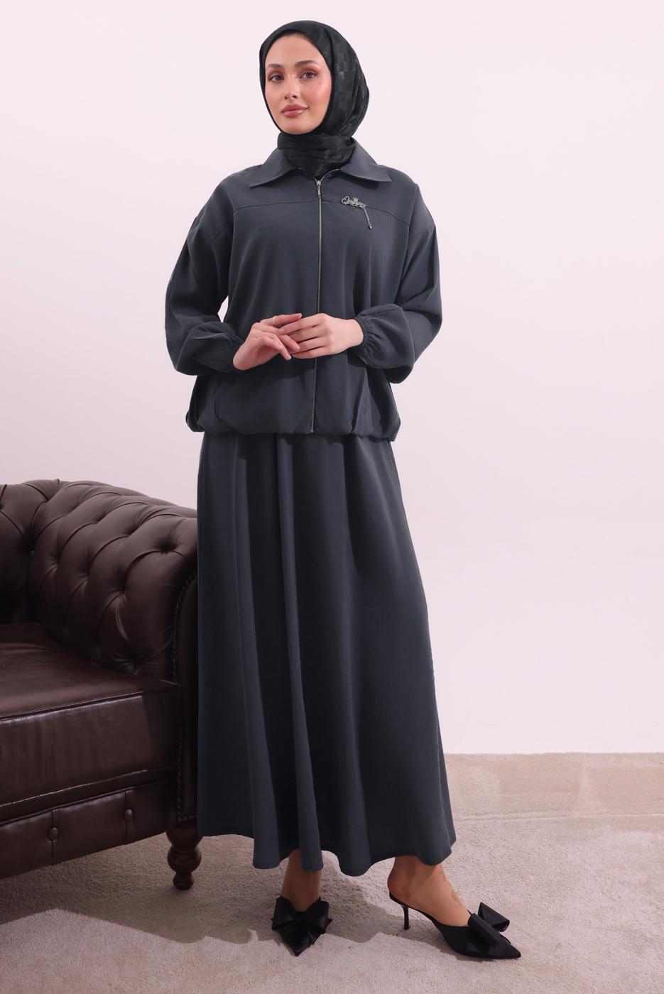 Tesettür giyim GRİ BOMBER CEKETLİ ETEKLİ TAKIM T 4362