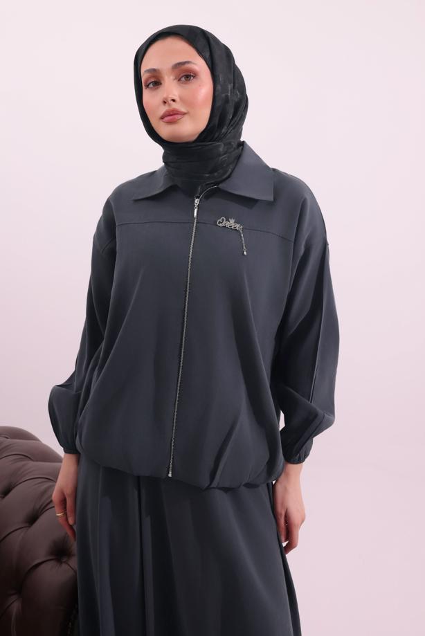 Tesettür giyim GRİ BOMBER CEKETLİ ETEKLİ TAKIM T 4362 - TRENDTESETTÜR
