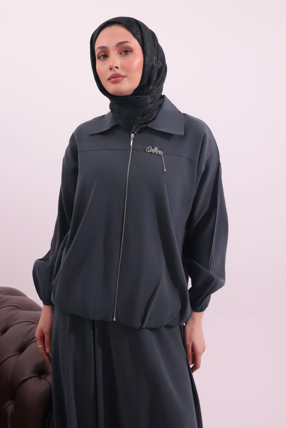 Tesettür giyim GRİ BOMBER CEKETLİ ETEKLİ TAKIM T 4362