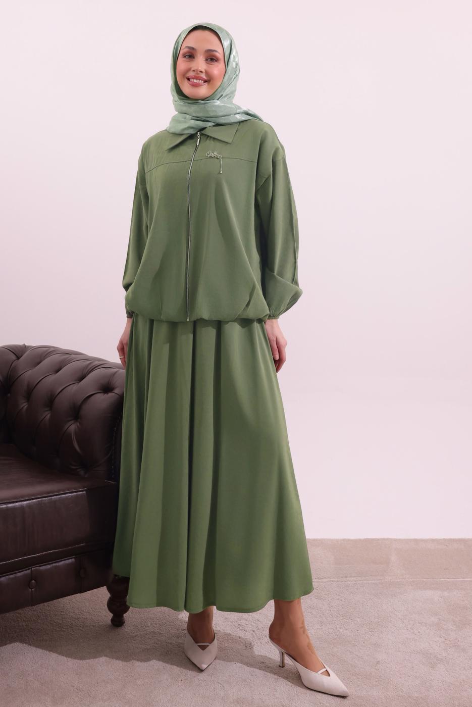 Tesettür giyim YEŞİL BOMBER CEKETLİ ETEKLİ TAKIM T 4362