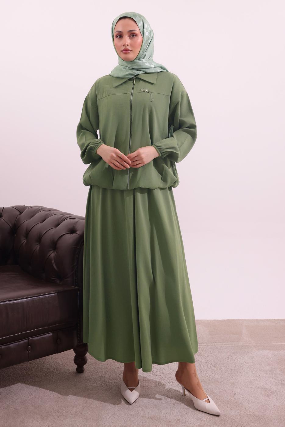Tesettür giyim YEŞİL BOMBER CEKETLİ ETEKLİ TAKIM T 4362