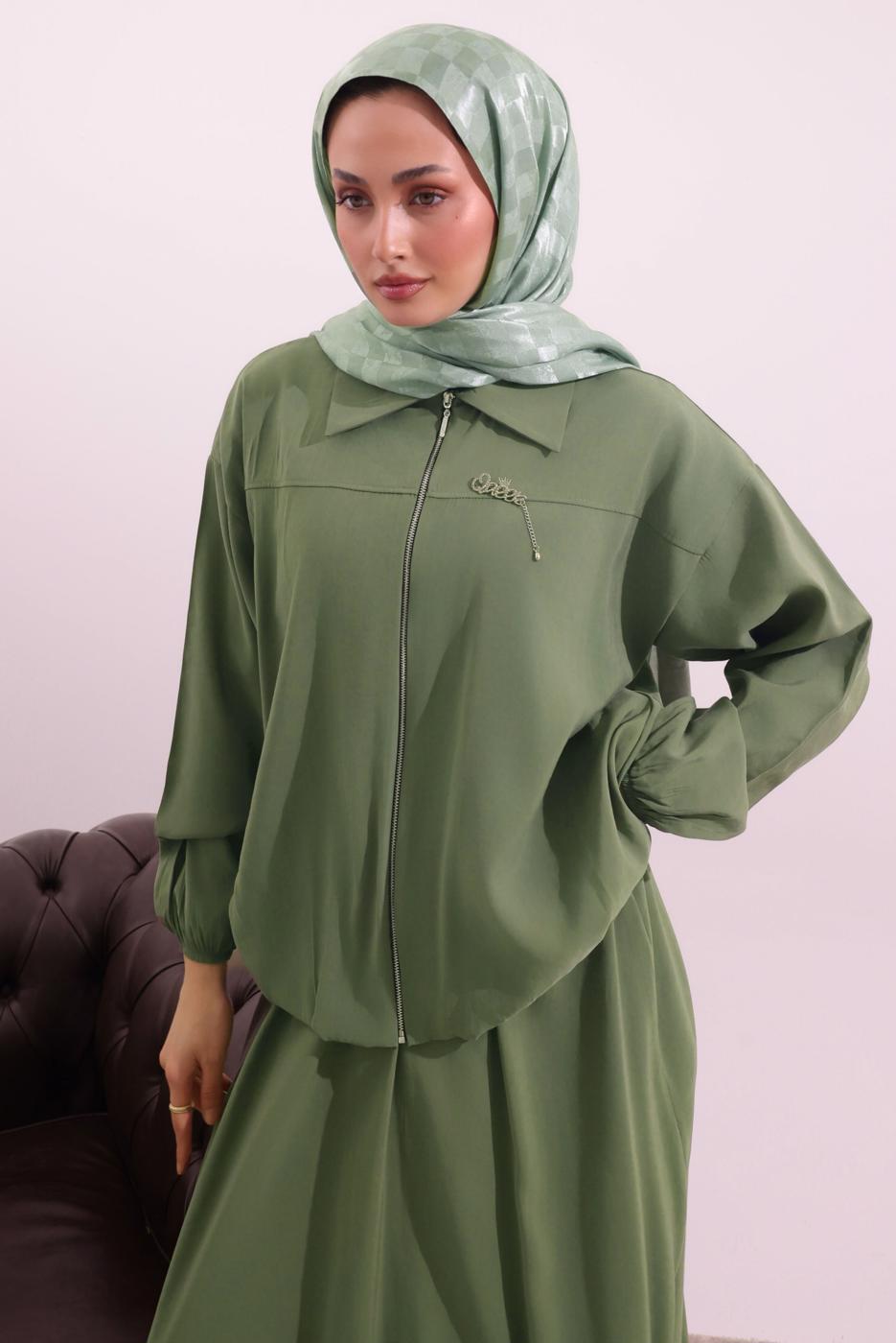 Tesettür giyim YEŞİL BOMBER CEKETLİ ETEKLİ TAKIM T 4362