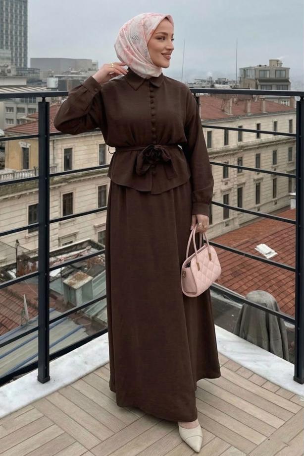 Vêtements hijab BRUN ENSEMBLE JUPE CEINTURÉE T 4722 - TRENDTESETTÜR