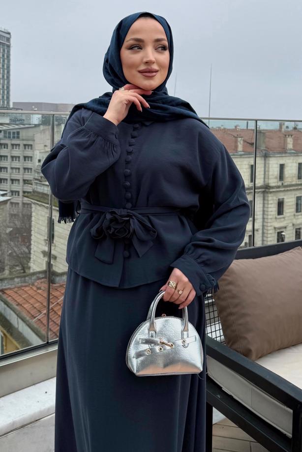 Vêtements hijab BLEU MARINE ENSEMBLE JUPE CEINTURÉE T 4722 - TRENDTESETTÜR