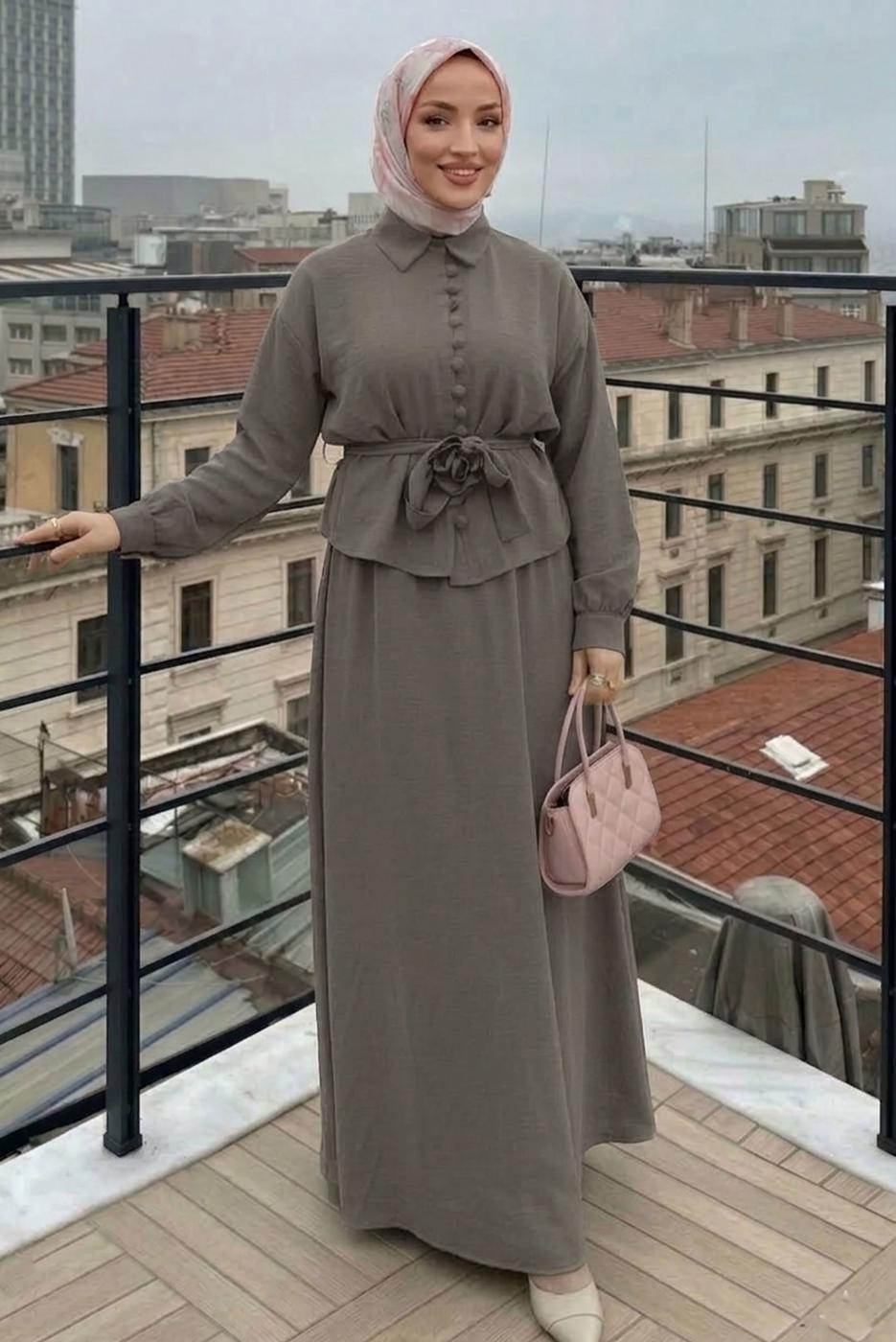 Hijab clothing GREY BELTED SKIRTED SUIT T 4722