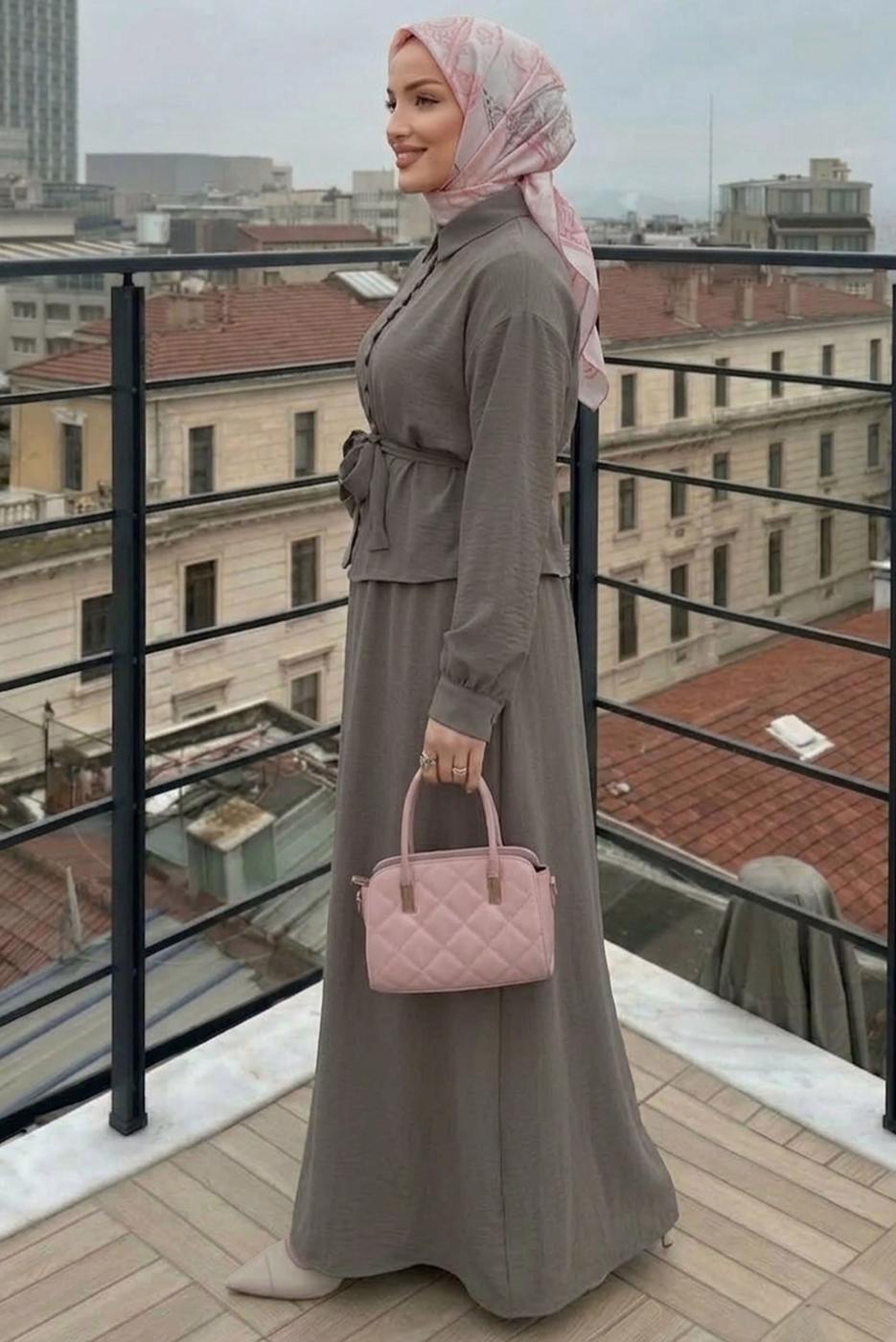 Hijab clothing GREY BELTED SKIRTED SUIT T 4722