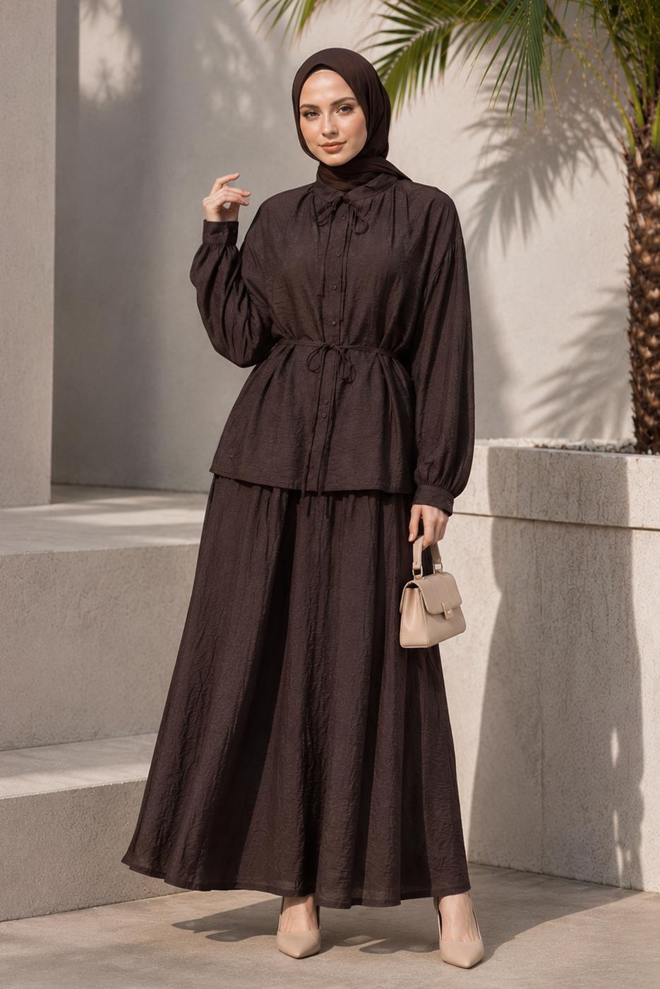 Hijab clothing BROWN BELTED SKIRTED SUIT T 4733