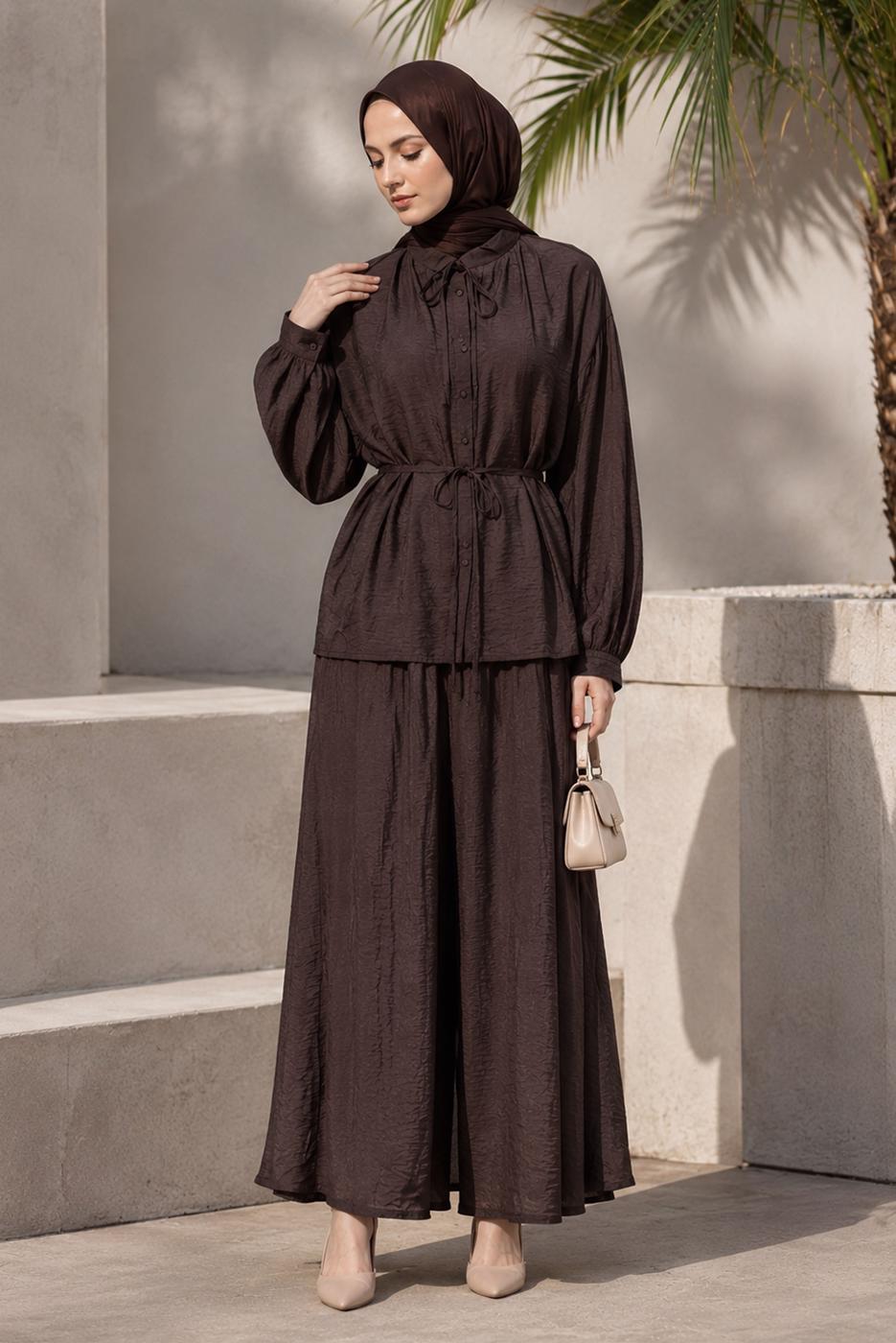 Hijab clothing BROWN BELTED SKIRTED SUIT T 4733