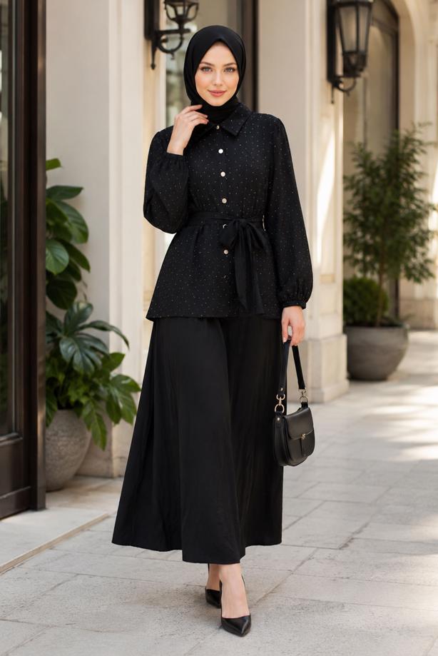 Vêtements hijab NOIR ENSEMBLE JUPE CEINTURÉE DÉTAILLÉE DE GEMMES T 5675 - TRENDTESETTÜR