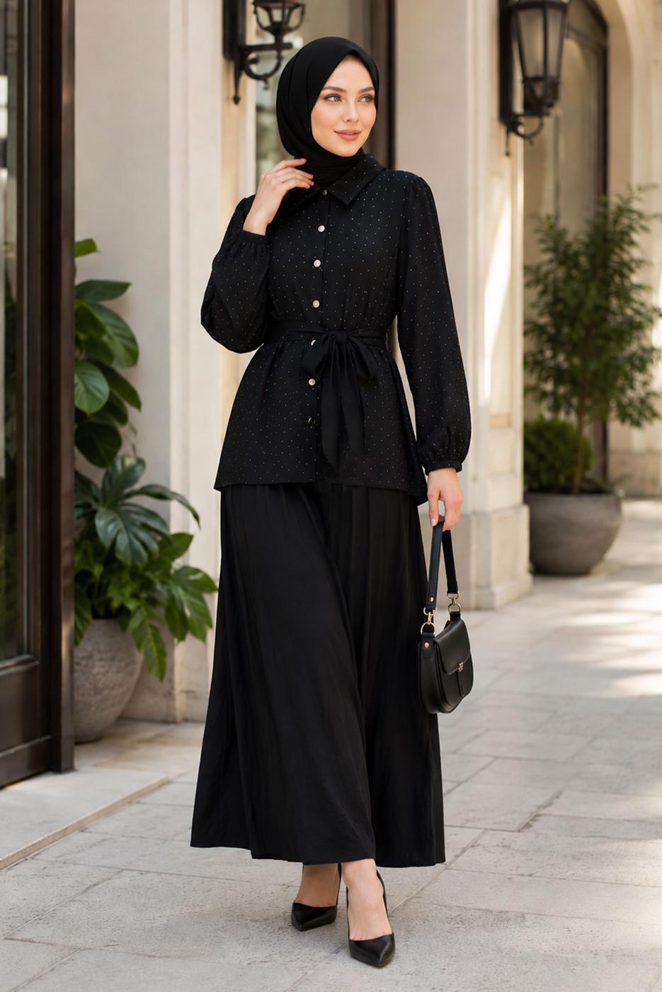 Vêtements hijab NOIR ENSEMBLE JUPE CEINTURÉE DÉTAILLÉE DE GEMMES T 5675