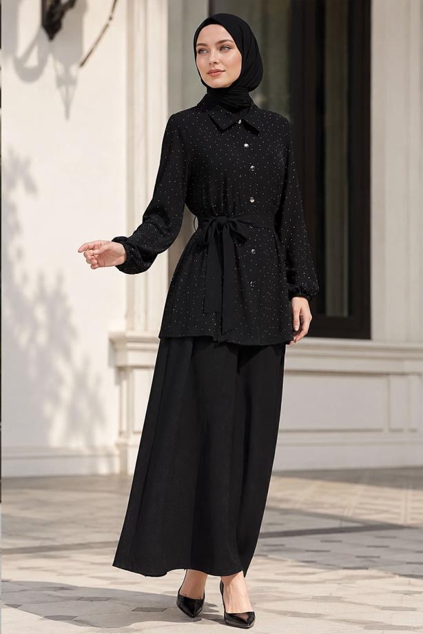 Vêtements hijab NOIR ENSEMBLE JUPE CEINTURÉE DÉTAILLÉE DE GEMMES T 5675 - TRENDTESETTÜR