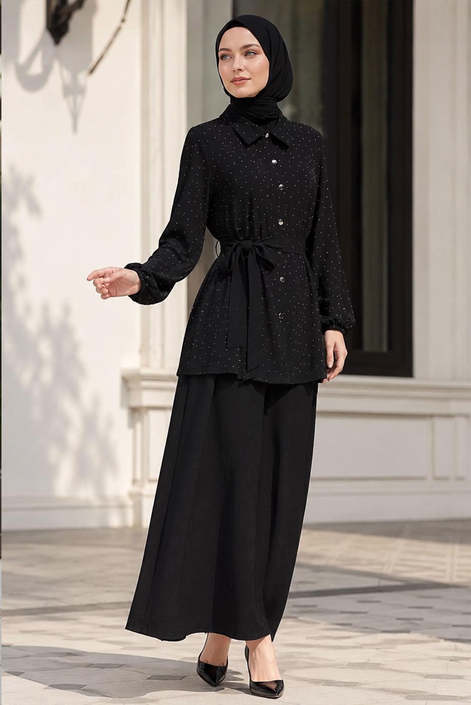 Vêtements hijab NOIR ENSEMBLE JUPE CEINTURÉE DÉTAILLÉE DE GEMMES T 5675