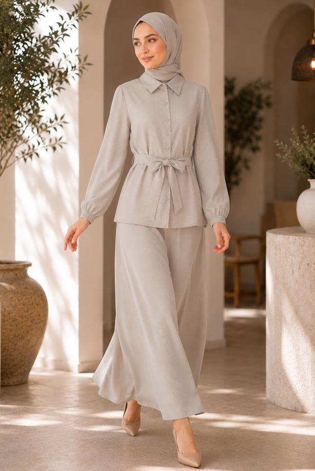 Vêtements hijab BEIGE ENSEMBLE JUPE CEINTURÉE DÉTAILLÉE DE GEMMES T 5675 - TRENDTESETTÜR