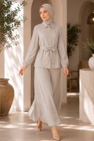 Vêtements hijab BEIGE ENSEMBLE JUPE CEINTURÉE DÉTAILLÉE DE GEMMES T 5675