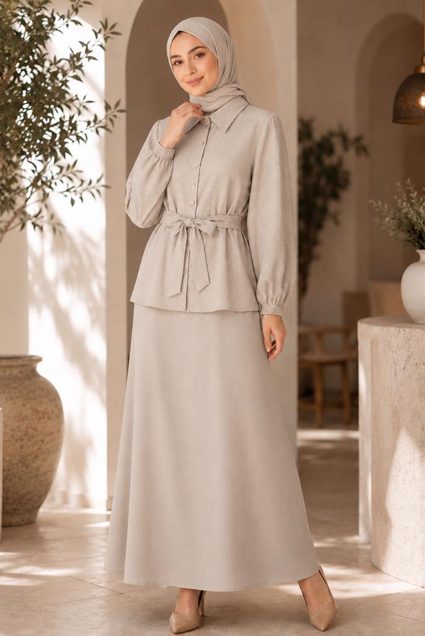 Vêtements hijab BEIGE ENSEMBLE JUPE CEINTURÉE DÉTAILLÉE DE GEMMES T 5675 - TRENDTESETTÜR