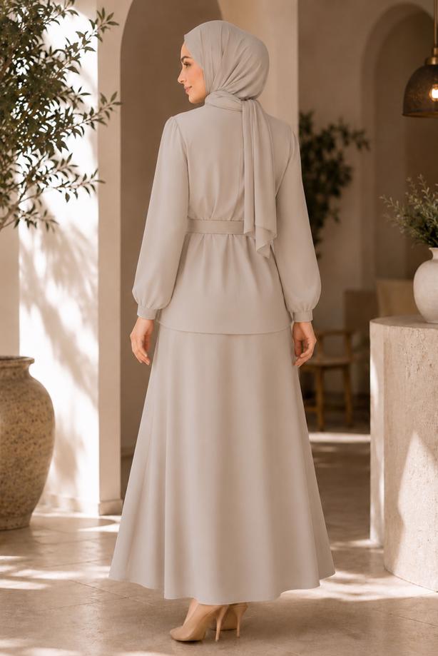 Vêtements hijab BEIGE ENSEMBLE JUPE CEINTURÉE DÉTAILLÉE DE GEMMES T 5675 - TRENDTESETTÜR