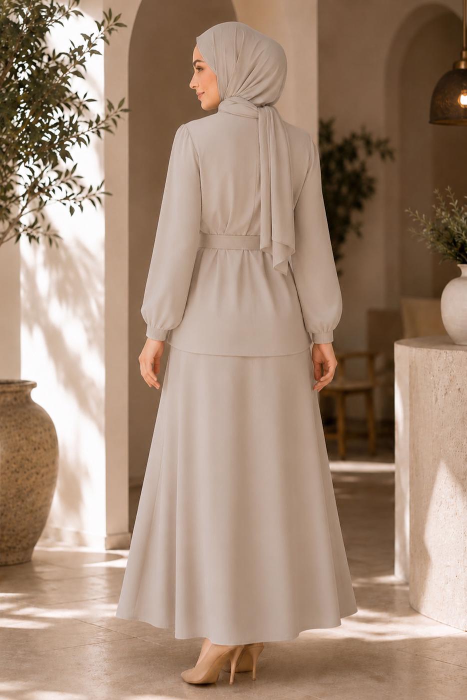 Vêtements hijab BEIGE ENSEMBLE JUPE CEINTURÉE DÉTAILLÉE DE GEMMES T 5675