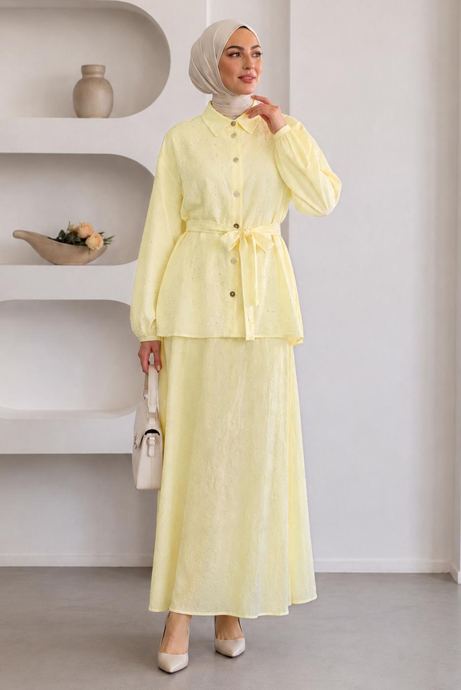 Vêtements hijab JAUNE ENSEMBLE JUPE CEINTURÉE DÉTAILLÉE DE GEMMES T 5675
