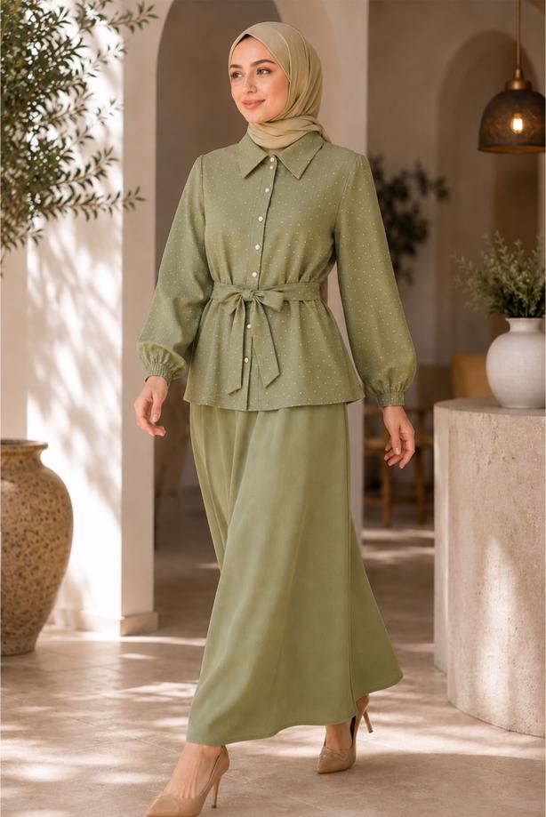 Vêtements hijab KAKI ENSEMBLE JUPE CEINTURÉE DÉTAILLÉE DE GEMMES T 5675 - TRENDTESETTÜR