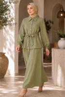 Vêtements hijab KAKI ENSEMBLE JUPE CEINTURÉE DÉTAILLÉE DE GEMMES T 5675