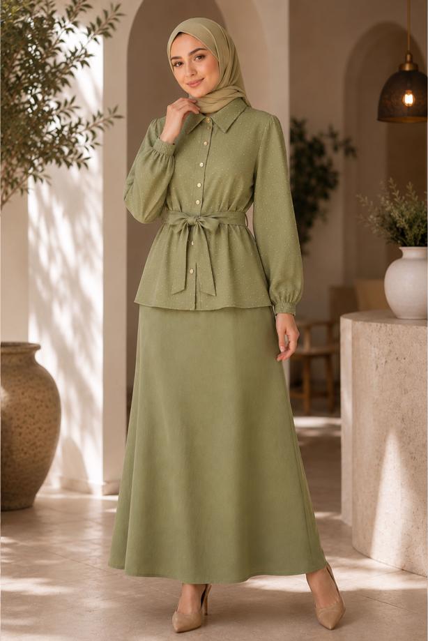 Vêtements hijab KAKI ENSEMBLE JUPE CEINTURÉE DÉTAILLÉE DE GEMMES T 5675 - TRENDTESETTÜR