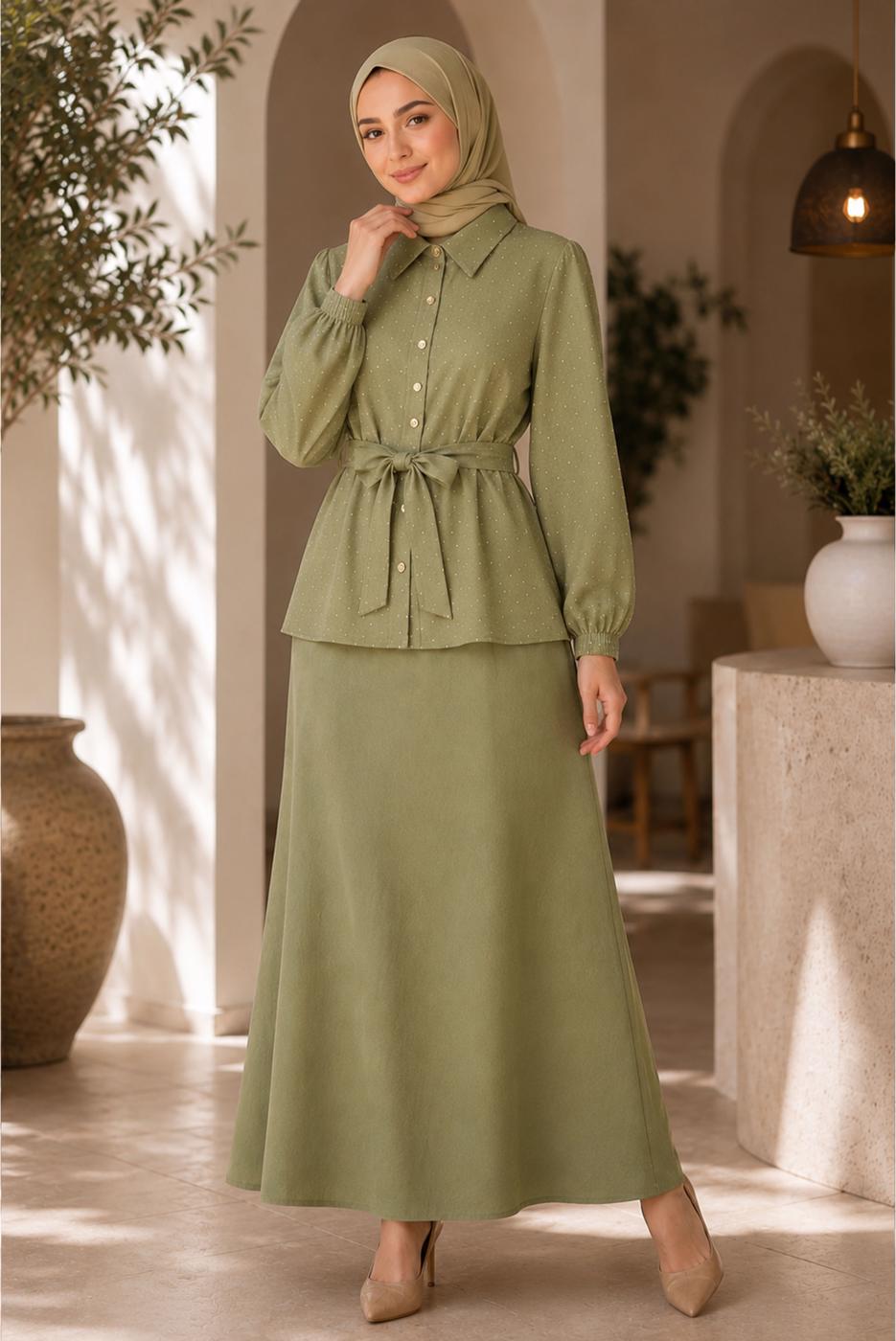 Vêtements hijab KAKI ENSEMBLE JUPE CEINTURÉE DÉTAILLÉE DE GEMMES T 5675