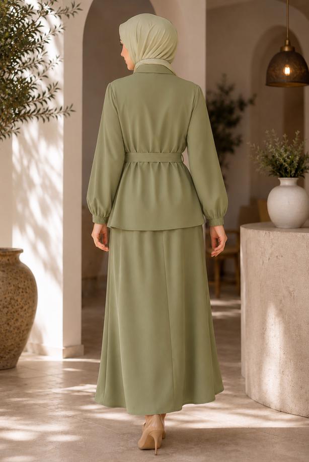 Vêtements hijab KAKI ENSEMBLE JUPE CEINTURÉE DÉTAILLÉE DE GEMMES T 5675 - TRENDTESETTÜR