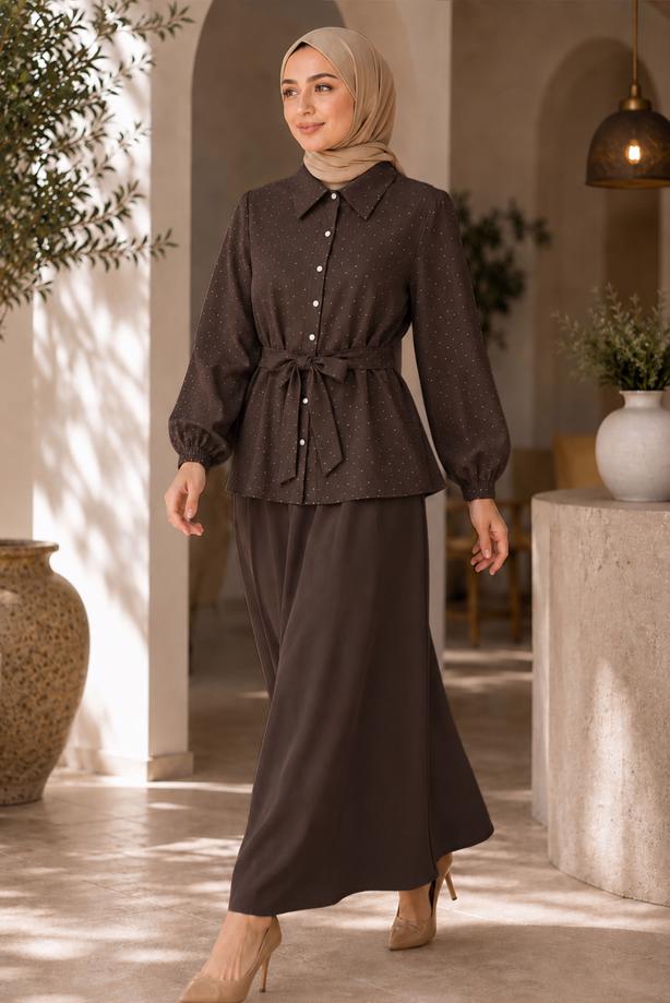 Vêtements hijab BRUN ENSEMBLE JUPE CEINTURÉE DÉTAILLÉE DE GEMMES T 5675 - TRENDTESETTÜR