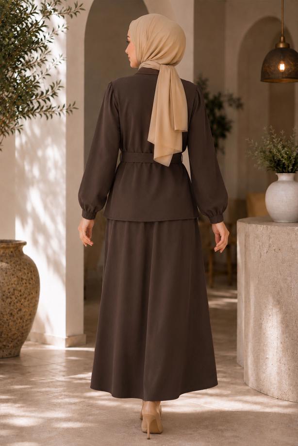 Vêtements hijab BRUN ENSEMBLE JUPE CEINTURÉE DÉTAILLÉE DE GEMMES T 5675 - TRENDTESETTÜR
