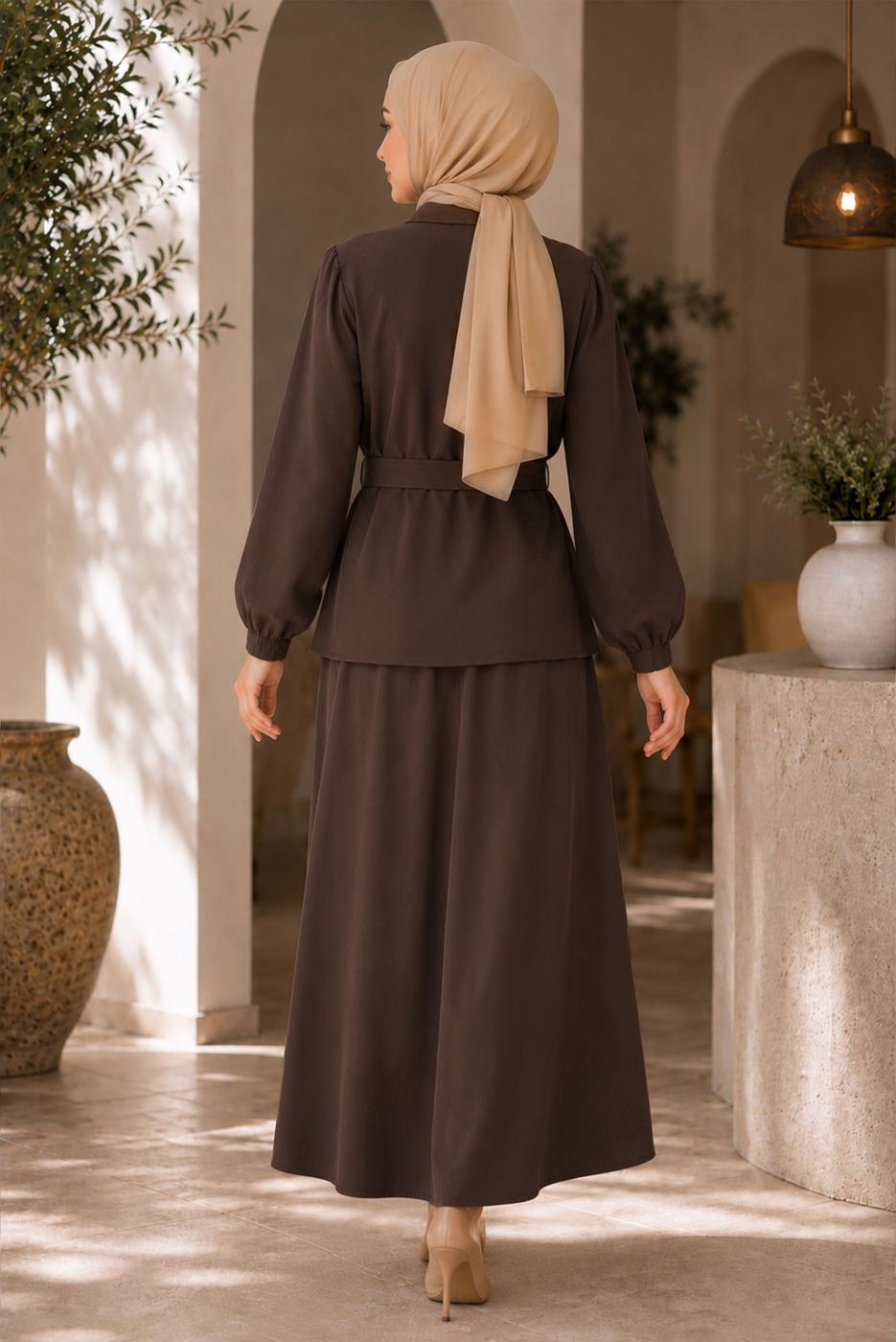 Vêtements hijab BRUN ENSEMBLE JUPE CEINTURÉE DÉTAILLÉE DE GEMMES T 5675