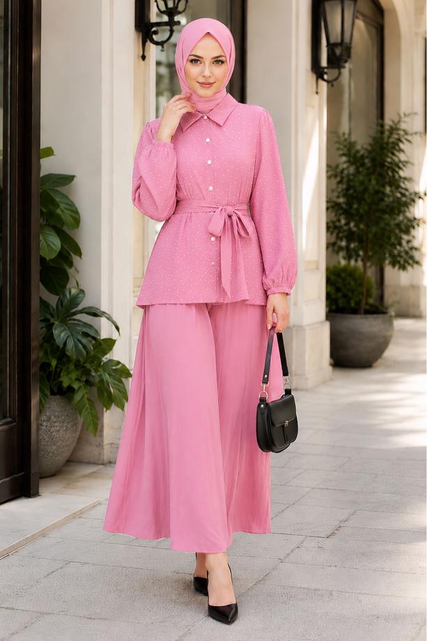 Vêtements hijab ROSE ENSEMBLE JUPE CEINTURÉE DÉTAILLÉE DE GEMMES T 5675 - TRENDTESETTÜR