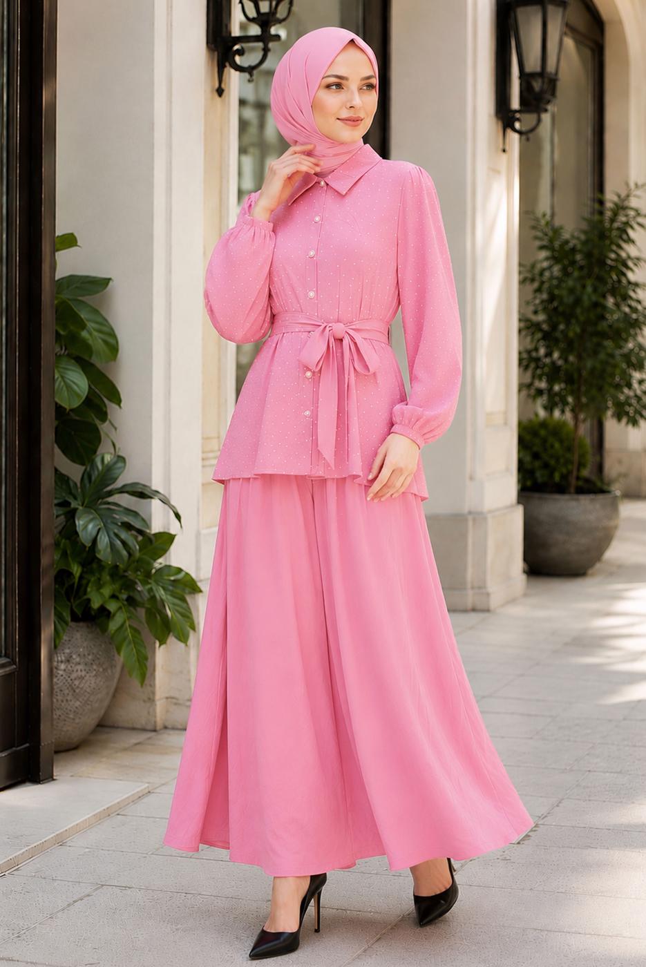 Vêtements hijab ROSE ENSEMBLE JUPE CEINTURÉE DÉTAILLÉE DE GEMMES T 5675