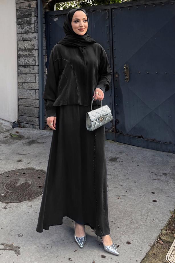 Hijab clothing BLACK SKIRTED SILK CUPRA SUIT T 6522 - TRENDTESETTÜR