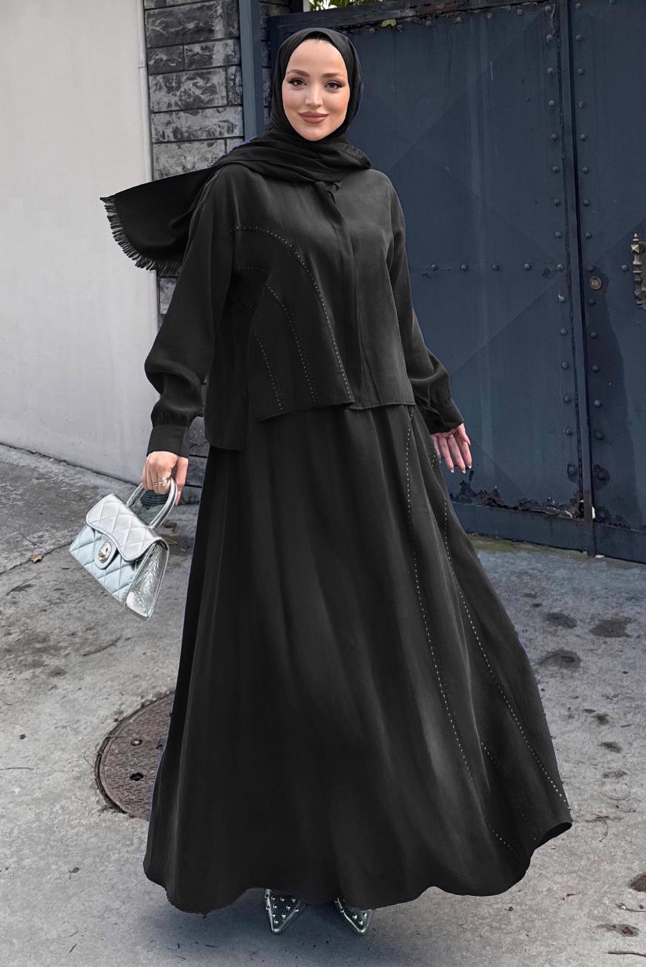 Hijab clothing BLACK SKIRTED SILK CUPRA SUIT T 6522