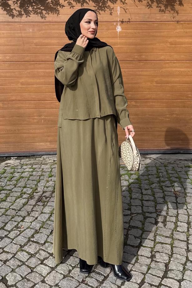 Hijab clothing KHAKI SKIRTED SILK CUPRA SUIT T 6522 - TRENDTESETTÜR