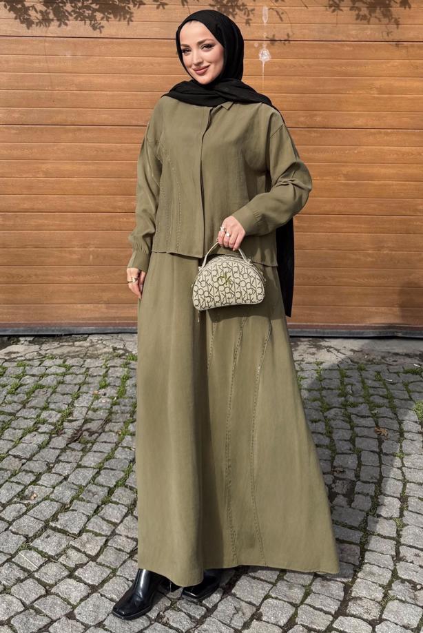 Hijab clothing KHAKI SKIRTED SILK CUPRA SUIT T 6522 - TRENDTESETTÜR