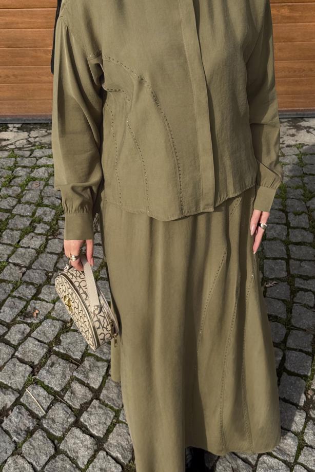 Hijab clothing KHAKI SKIRTED SILK CUPRA SUIT T 6522 - TRENDTESETTÜR