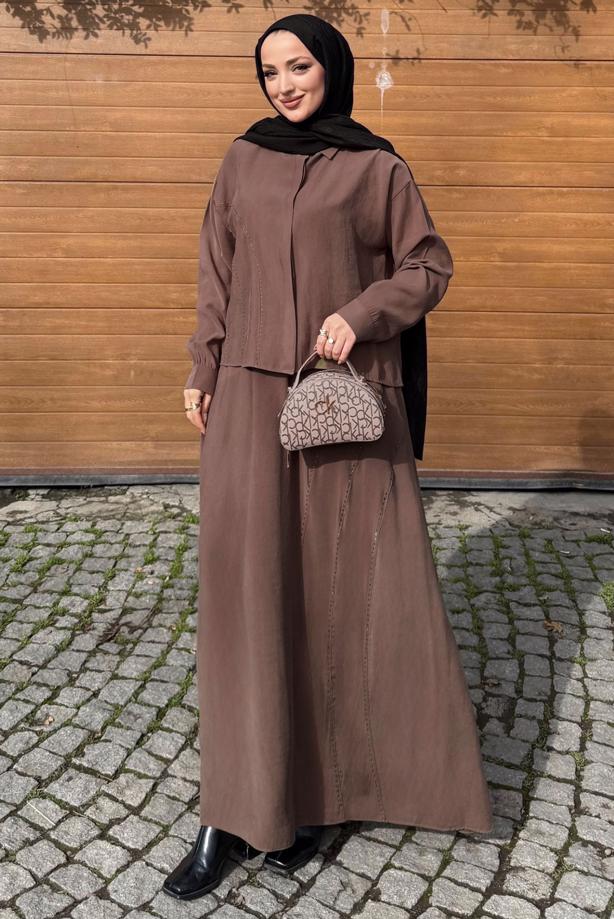 Hijab clothing BROWN SKIRTED SILK CUPRA SUIT T 6522 - TRENDTESETTÜR