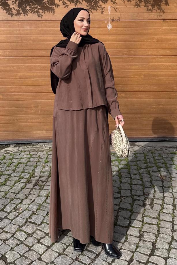 Hijab clothing BROWN SKIRTED SILK CUPRA SUIT T 6522 - TRENDTESETTÜR