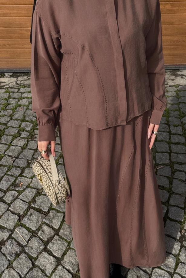 Hijab clothing BROWN SKIRTED SILK CUPRA SUIT T 6522 - TRENDTESETTÜR