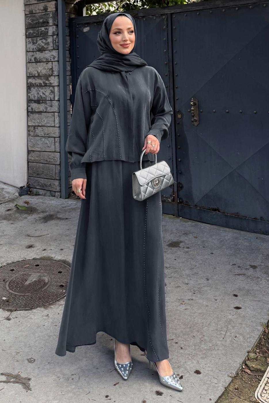 Hijab clothing GREY SKIRTED SILK CUPRA SUIT T 6522