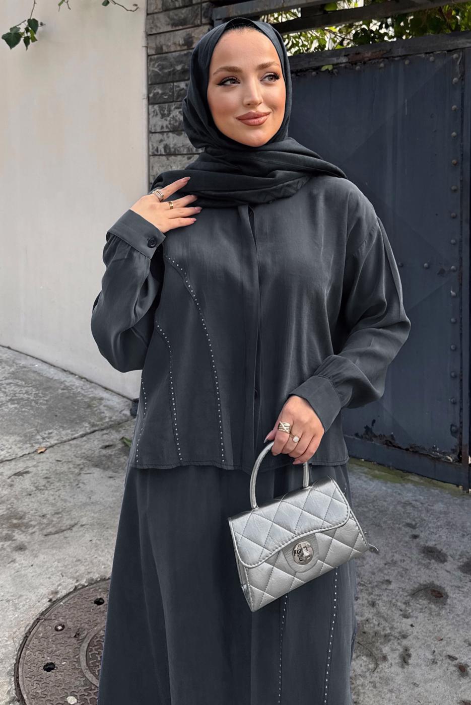 Hijab clothing GREY SKIRTED SILK CUPRA SUIT T 6522