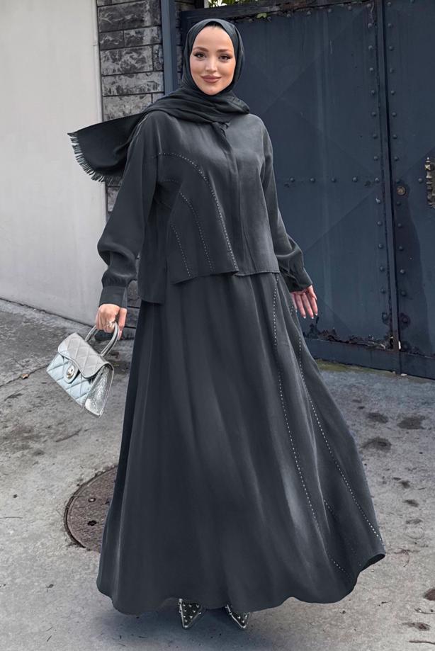 Hijab clothing GREY SKIRTED SILK CUPRA SUIT T 6522 - TRENDTESETTÜR