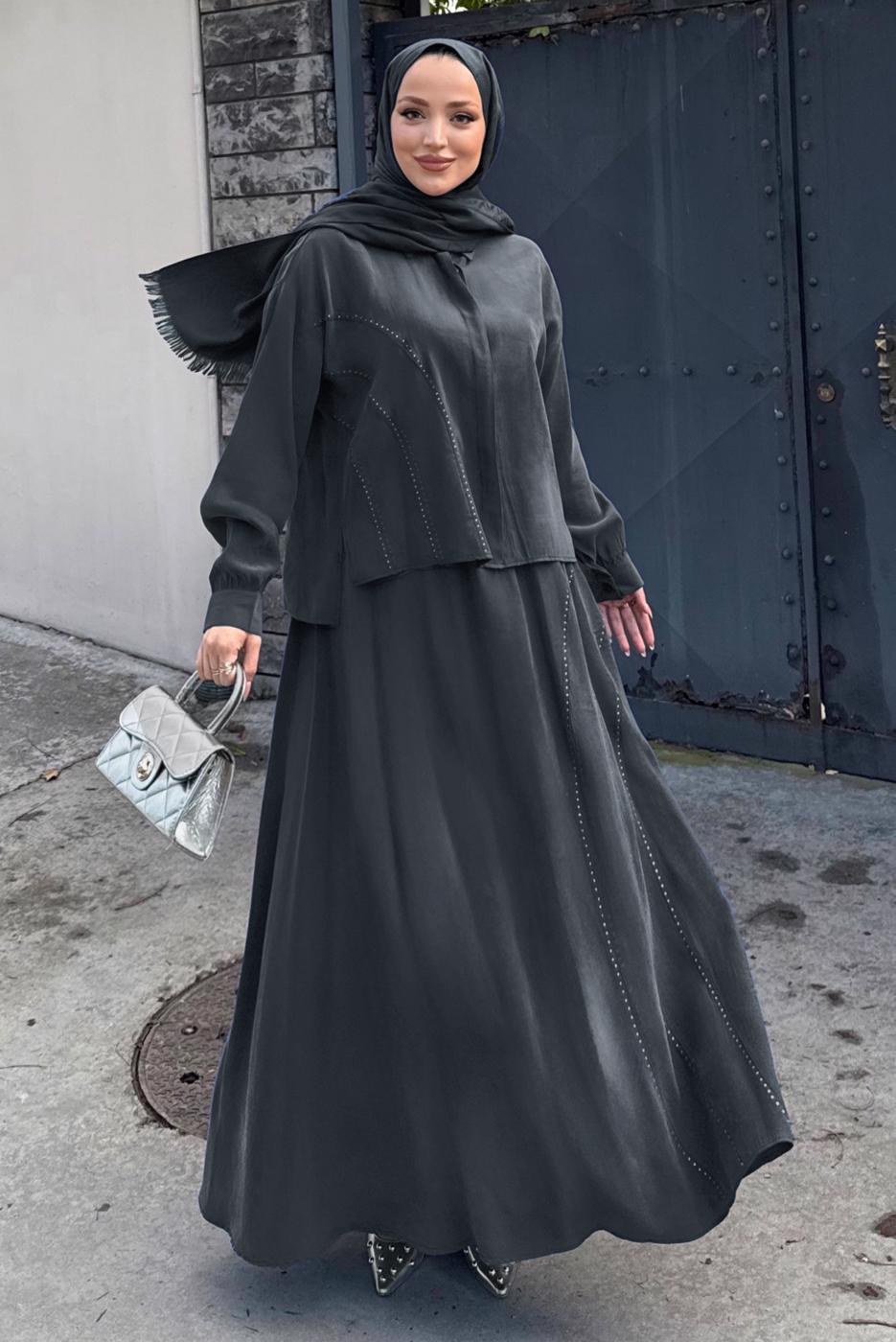 Hijab clothing GREY SKIRTED SILK CUPRA SUIT T 6522