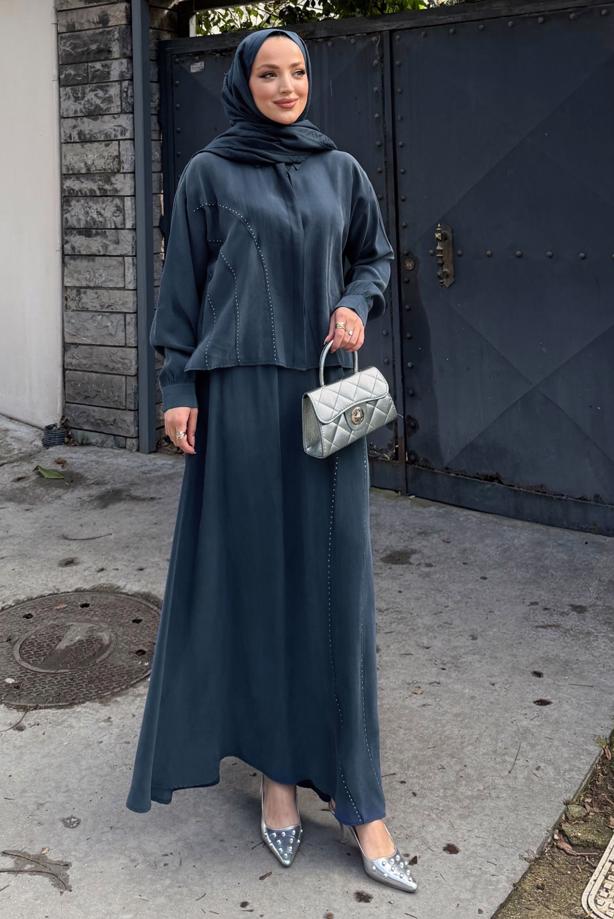 Hijab clothing NAVY BLUE SKIRTED SILK CUPRA SUIT T 6522 - TRENDTESETTÜR