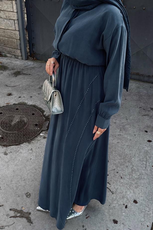 Hijab clothing NAVY BLUE SKIRTED SILK CUPRA SUIT T 6522 - TRENDTESETTÜR