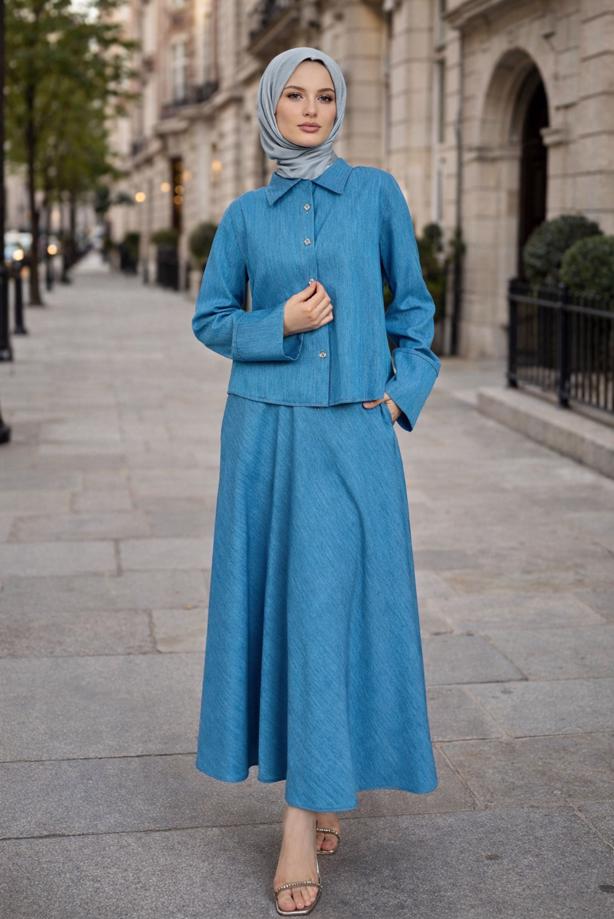 Vêtements hijab BLEU ENSEMBLE COL CHEMISE JUPE T 7826 - TRENDTESETTÜR